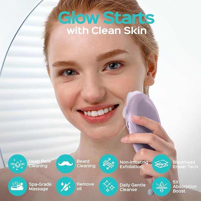 COSLUS Facial Cleansing Brush Face Scrubber : Portable Silicone Waterproof Rechargeable Face Wash Brush, 5 Cleansing Modes, Electric Deep Cleaning for Men & Women, Removing Blackhead (Light Purple)