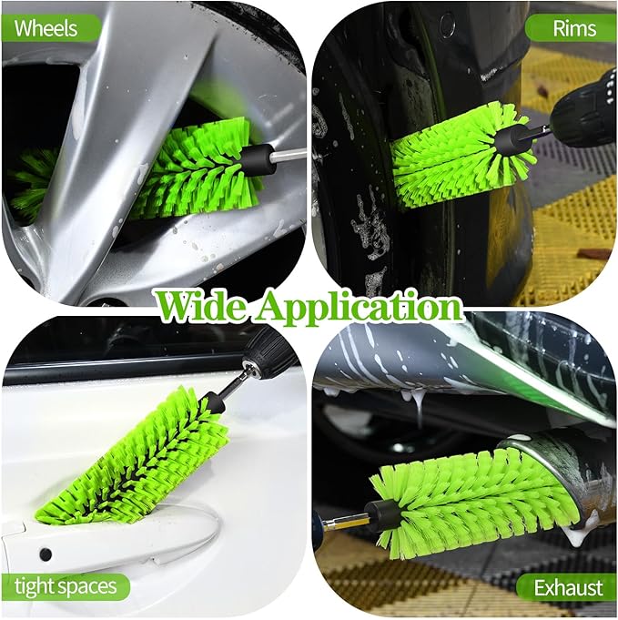 Drill Brush for Car Wheel and Bottle, Highly Dense and Durable Car Cleaning Brush for Wheels, Rims, Engines, Exhaust, Bottle