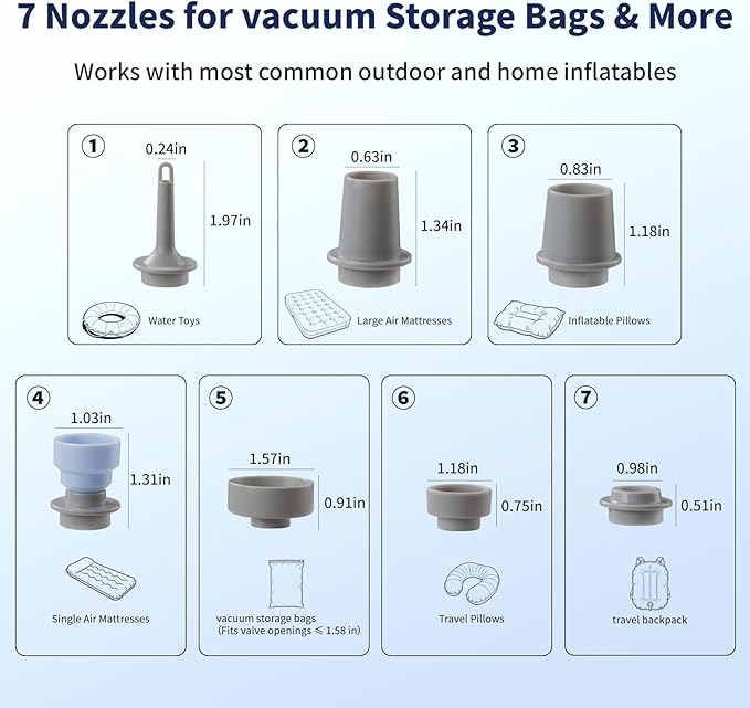 Electric Vacuum Pump for Vacuum Storage Bags, Portable Air Pump for Inflatables with 7 Nozzles, USB Rechargeable Mini Pump – Clothes, Blankets, Air Mattress & Pool Floats