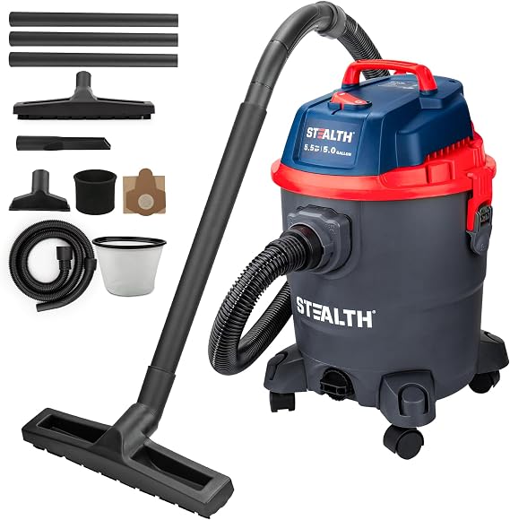 Stealth Wet/Dry Vacuum 5 Gallon, 5.5 Peak HP Shop Vacuum with Blower & Drain Port for Home Clean, Garage Clean, Car Deta