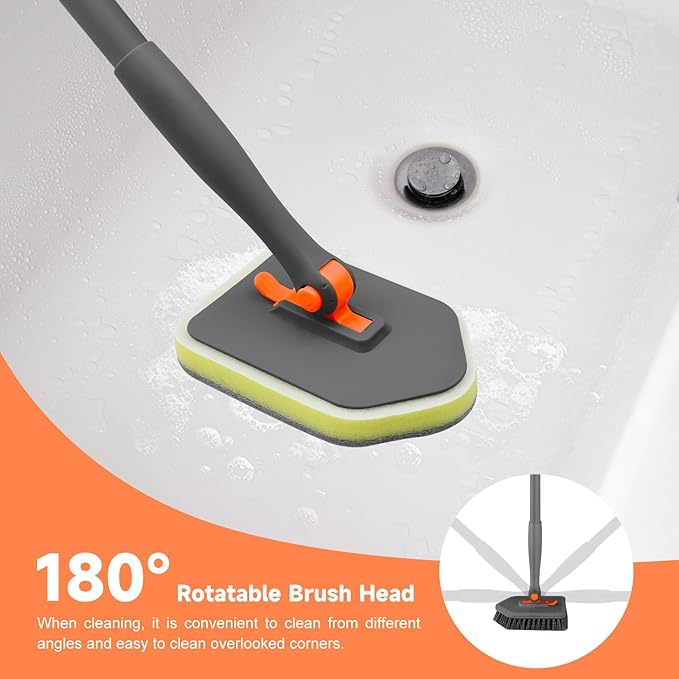 nacena Shower Scrubber with Long Handle, 3 in 1 Tile Tub Scrubber Brush with 3 Detachable Cleaning Heads Adjustable Handle Shower Cleaner Brush for Bathroom, Kitchen, Toilet, Wall, Sink, Grey Orange