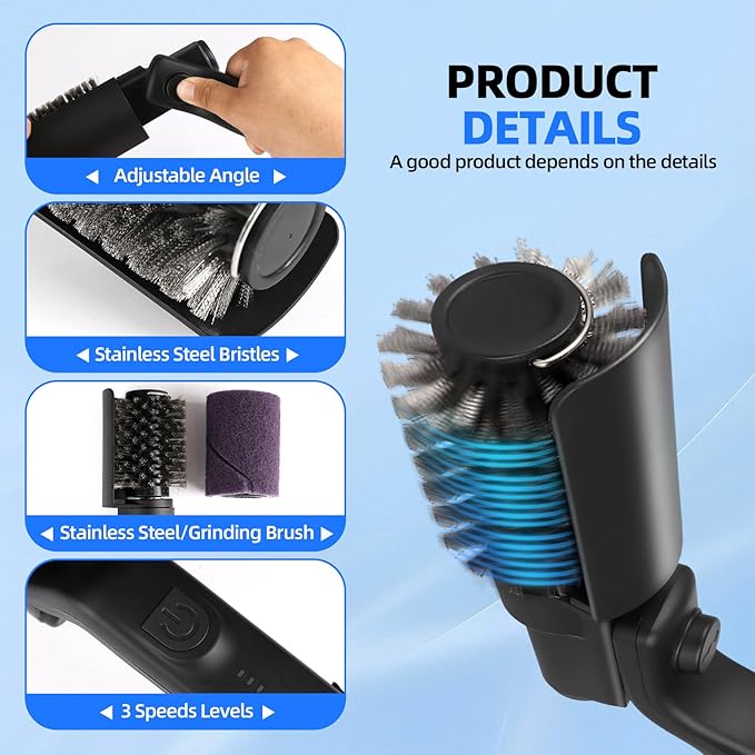 Upgraded Electric Grill Brush, Cordless Rechargeable Grill Cleaning Brush with Adjustable Angle, Stainless Steel Brush Head, 3-Speed Power, 90-Min Runtime, Waterproof Cleaner for BBQ Grates (Black)