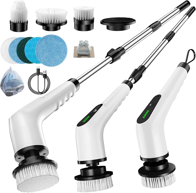 Electric Spin Scrubber, Cordless Cleaning Brush with 8 Replaceable Brush Heads, Shower Scrubber with Adjustable Extension Handle, Waterproof Power Scrubber for Bathroom Tile Floor Tub Car Walls