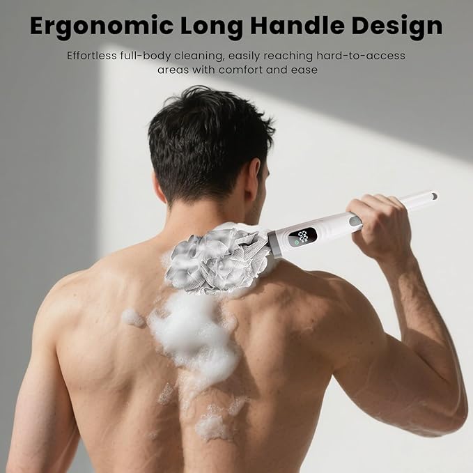Electric Body Brush Back Scrubber for Shower, Electric Body Brush with Long Handle, Waterproof Rechargeable Bath Brush Body Scrubber with 3 Brush Heads & 2 Speeds for Cleansing and Exfoliating Skin