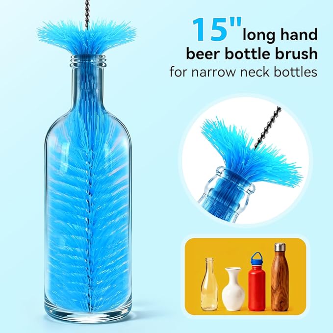 Bottle Brush Set with Straw Cleaner Brush and 3 in 1 Cup Lid Cleaning Brush, Water Bottle Cleaner with Long Handle for Cleaning Narrow Neck Beer, Cup, Wine Glasses, Tumblers, Baby Bottles