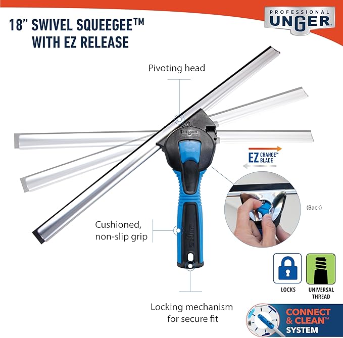Unger Professional Connect and Clean 18” Swivel Window and Glass Cleaning Squeegee with EZ Change, Large Surfaces with Streak-Free Results, Swiveling Head for Corners and Edges, Rubber Replacement