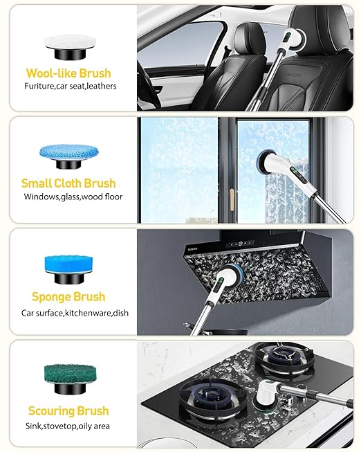 Shower Scrubber with Long Handle, Shower Cleaner Brush with 8 Brush Heads, Cordless Electric Spin Scrubber for Cleaning with 2 Speed, Cleaning Supplies for Bathroom Bathtub Kitchen Floor Tile Toilet