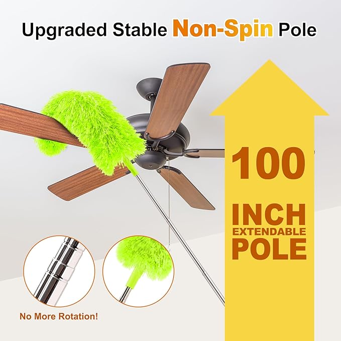 Tiumso Duster with Extension Pole 100 inch Extendable Reusable Dusters for Cleaning 5-in-1 Anti-Spin Dusting Kits for High Ceiling Fans, Cobwebs & Vents, Reinforced Stainless Steel Telescopic Handle