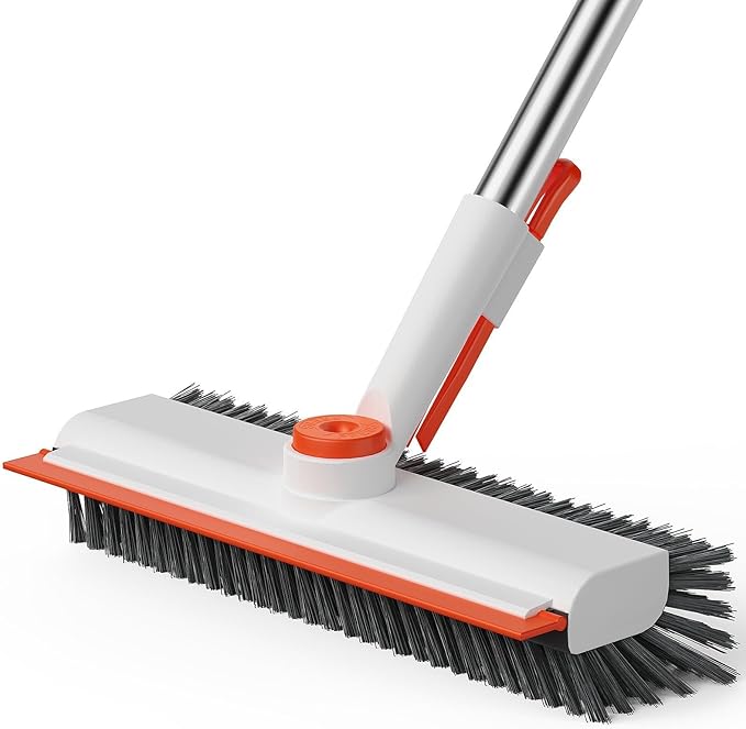 AIR U+ Floor Scrub Brush with Long Handle, 3 in 1 Scrape and Heavy-Duty Stiff Bristle Scrubber Brush for Cleaning Shower Bathroom, Patio, Pool, Garage, Kitchen, Wall and Deck, White and Orange