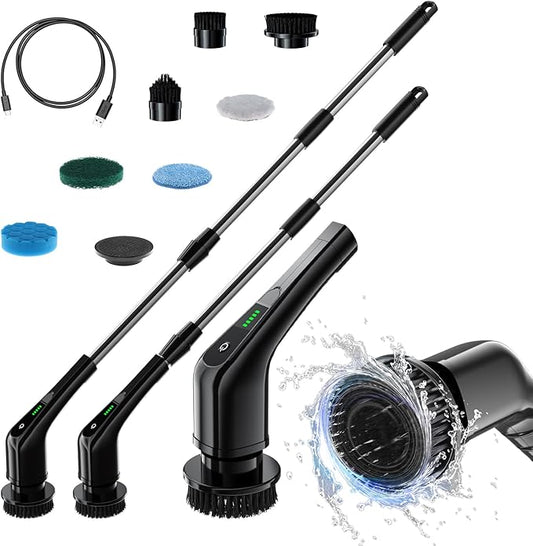 Electric Spin Scrubber,Bathroom Cleaning Brush with Long Handle 8 Replaceable Brush Heads, 2 Adjustable Speeds, Cordless Power Cleaning Brushes for Bathtub Grout Tile Floor