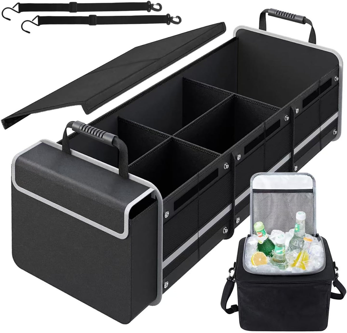Car Trunk Organizer with Insulated Cooler Bag, Foldable & Waterproof Storage Organizer with Lid for SUV, Truck, Sedan - 4 Large Adjustable Compartments, Heavy Duty & Collapsible Design