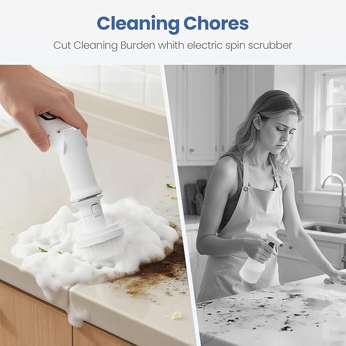UNIWA Electric Spin Scrubber - Cordless Shower Scrubber with 4 Replaceable Heads,3 Speeds Electric Scrubber for Cleaning Bathroom,Kitchen,Dish