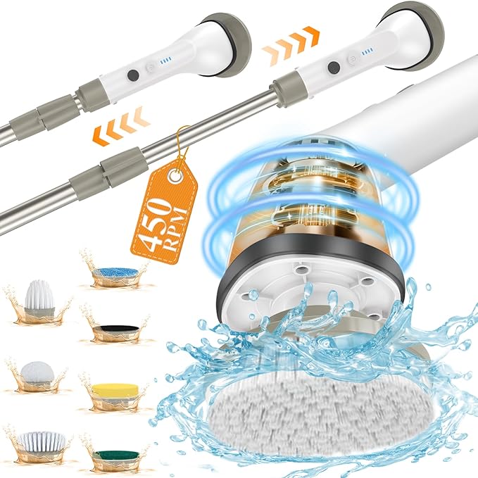 kunlabori 2024 Super Strong Electric Spin Scrubber 450 RPM, 7 Replaceable Brush Heads Shower Scrubber, Adjustable Cleaning Brush, Electric Scrubber for Bathroom Tub, Tile, Floor, Car, Gray