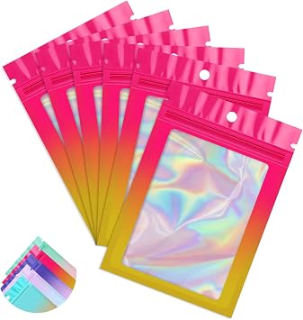 Funfery 100 Pack Gradient Holographic Bags,Mylar Resealable Bags with Zipper,Clear Window Packaging Pouchs,Foil Smell Pr