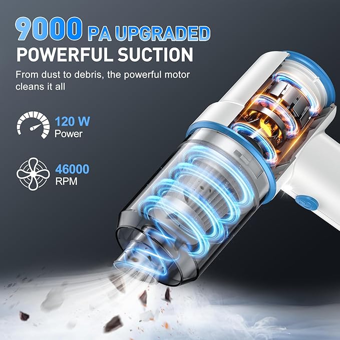 KMM Handheld Car Vacuum Cleaner, 9000PA Vacuum Cleaner & Air Duster, 120W High Power Vacuum Portable Cordless, Hand Held Vacuum Rechargeable with Multi-Nozzles & LED Light for Home, Car, Office