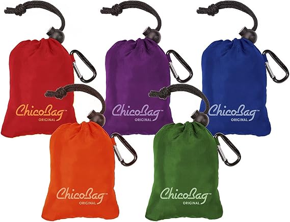 ChicoBag – Original Reusable Shopping Tote-Grocery Bag – Bundle of 5 Bags – Red – Purple – Green – Orange& Blue
