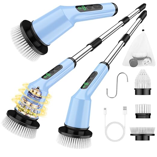 Electric Spin Scrubber for Cleaning Bathroom, Shower Scrubber Cordless Cleaning Brush with IPX7 Waterproof & 2 Speed, 3 Brush Heads, Bathroom Cleaning Supplies for Shower Tub Kitchen Tile Toilet Sky