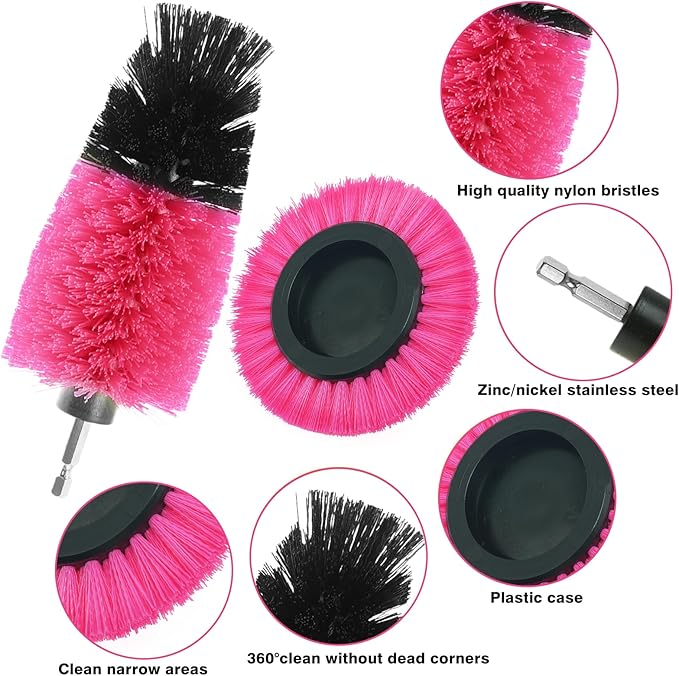 8 Pcs Drill Brush Attachment Set, Power Cleaning Scrub Brush Kit with Extend Long Attachment, All Purpose Drill Scrub Brushes for Car, Grout, Floor, Tub, Bathroom and Kitchen (Pink)