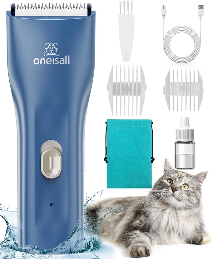 oneisall Pet Clipper for Cat Matted Hair, Pet Shaver for Cats Quiet Pet Clippers Waterproof Cordless Cat Clippers for Matted Long Hair with Storage Bag (Blue)