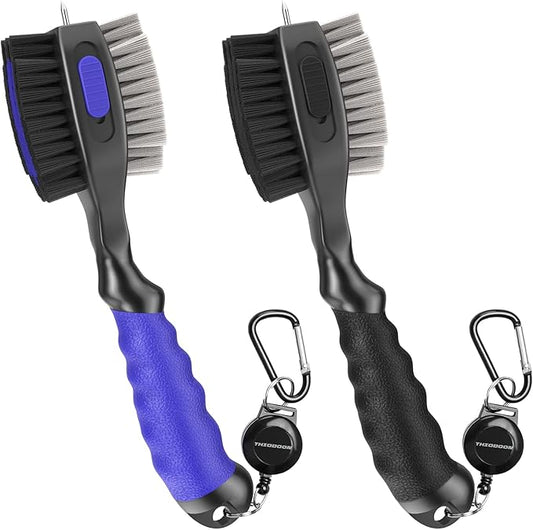 THIODOON 2 Pack Golf Club Brushes and Groove Cleaner 2 ft Retractable Zipline Carabiner Golf Brush Head with Retractable Spike Comfortable Grip Golf Club Cleaner