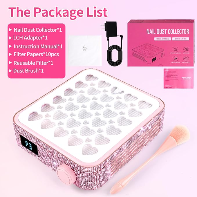 BQAN Nail Dust Collector Portable for Home & Salon - 4200RPM Vacuum with Reusable Filter, for Acrylic Drilling Dust Beginner Friendly Small Manicure Tool (Pink Rhinestones)