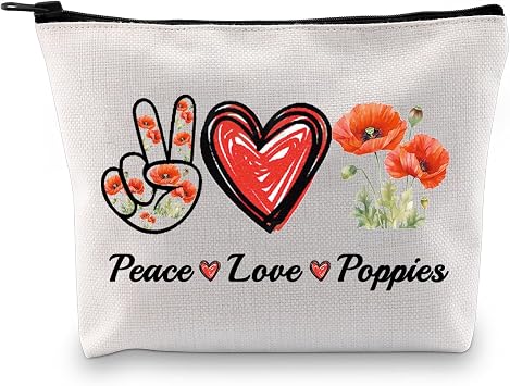 JXGZSO Red Poppy Flower Gifts Peace Love Poppies Cosmetic Organizer Bag Flowers Lover Gift Botanical Zipper Canvas Pouch