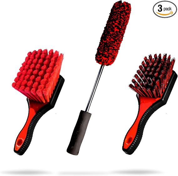 Adam's Wheel & Tire Brush Kit (3-Item) - Includes Wheel Brush, Tire Brush & Barrel Brush for Cleaning Rubber, Plastic, C