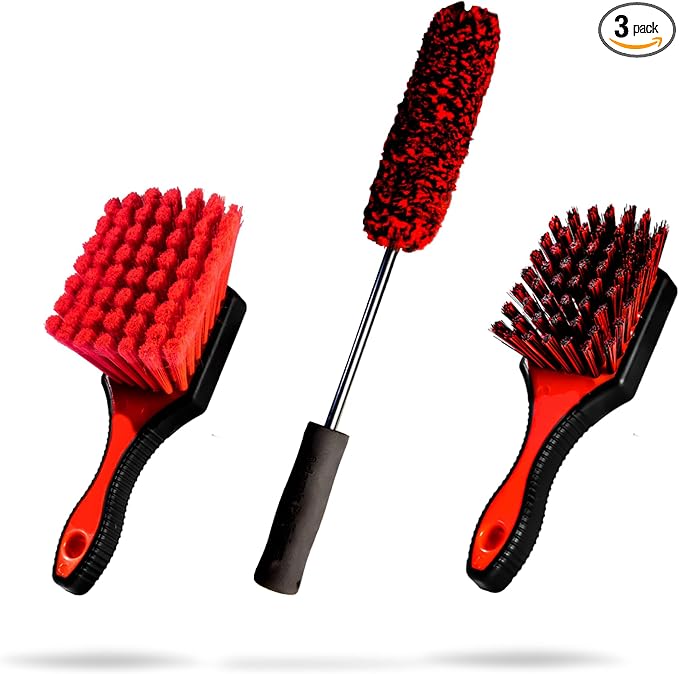 Adam's Wheel & Tire Brush Kit (3-Item) - Includes Wheel Brush, Tire Brush & Barrel Brush for Cleaning Rubber, Plastic, C
