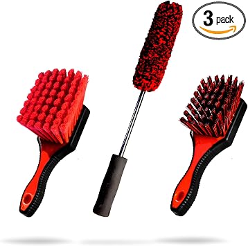 Adam's Wheel & Tire Brush Kit (3-Item) - Includes Wheel Brush, Tire Brush & Barrel Brush for Cleaning Rubber, Plastic, C
