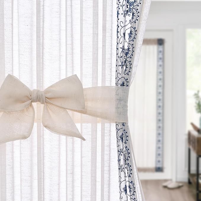 jinchan French Sheer Volie Door Curtain Embroidered Farmhouse Linen Curtain for Patio Door with Tie up Bows Light Filtering for Door Window Closet Rod Pocket 72 Inches 1 Panel Blue on Beige