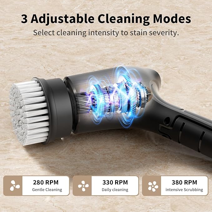 Electric Spin Scrubber, Cordless Power Dish Scrubber Brush, Type-C Fast Charging with LED Power Display, 3 Speeds, 6 Replaceable Heads for Cleaning Kitchen Stove/Bowl/Sink/Corner/Tile/Grout (Grey)