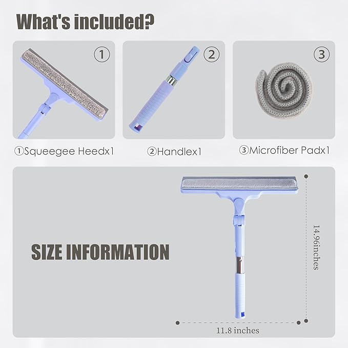Shower Squeegee for Glass Doors, Cleaning Tile Wall,Car,Windshield Squeegee with 12" Blade and 15" Long Handle Bathroom Cleaner Tool for Household Home Window Mirror,