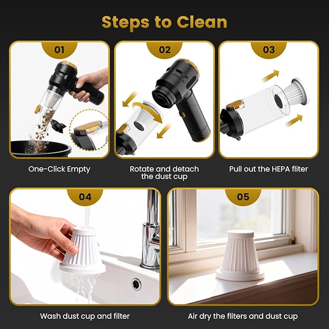 Wansimoo Handheld Car Vacuum Cleaner,25000PA Strong Cyclonic Suction Foldable Mini Vacuum Portable Cordless with Digital Display and One Touch Dust Removal for Car, Home, Office, Kitchen (Gold)