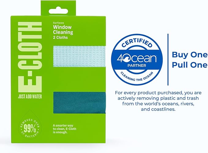E-Cloth Microfiber Window Cleaning Cloth Kit - Glass Cleaning Cloth for Windows, Mirrors, Cars, Lenses, Eyeglasses, & More, Streak Free Clean, Machine Washable Reusable Towel - Green