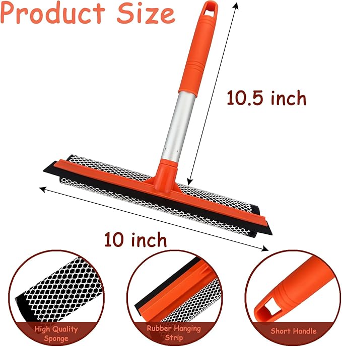 Shower Squeegee Window Squeegee Cleaner for Shower Doors Glass, 2 in 1 Window Cleaning Tool Window Scrubber Handheld Squeegee for Car Windshield with Sponge and Rubber Squeegee, Red
