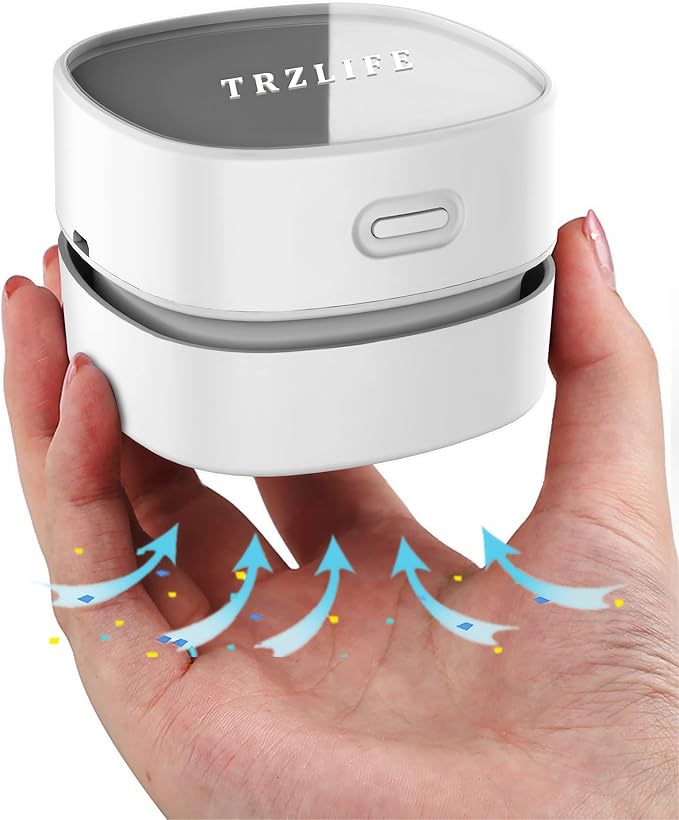 TRZLIFE USB Rechargeable Mini Desk Crumb Vacuum, Portable Cordless Desktop Cleaner for Keyboard, Desktop, Countertop, Drawer, Ideal Office Accessory Ideal Gift, White