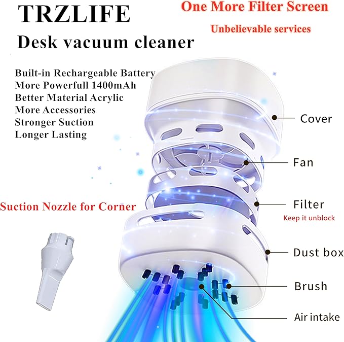 TRZLIFE USB Rechargeable Mini Desk Crumb Vacuum, Portable Cordless Desktop Cleaner for Keyboard, Desktop, Countertop, Drawer, Ideal Office Accessory Ideal Gift, White