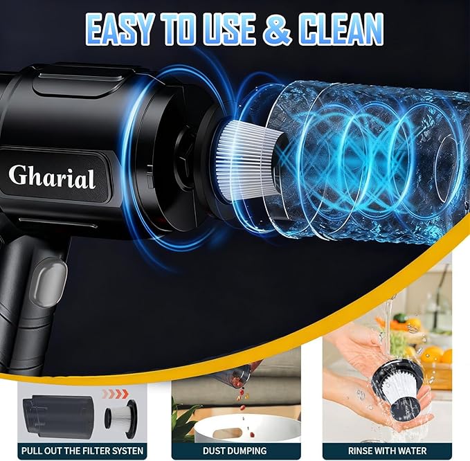 Gharial Handheld Car Air Vacuum Cleaner, 35000PA Rechargeable Cordless Vacuum Cleaner and Air Duster, High Power Hand Held Vacuum with HAPE Filters and Multi-Nozzles for Car, Pet, Home, Office