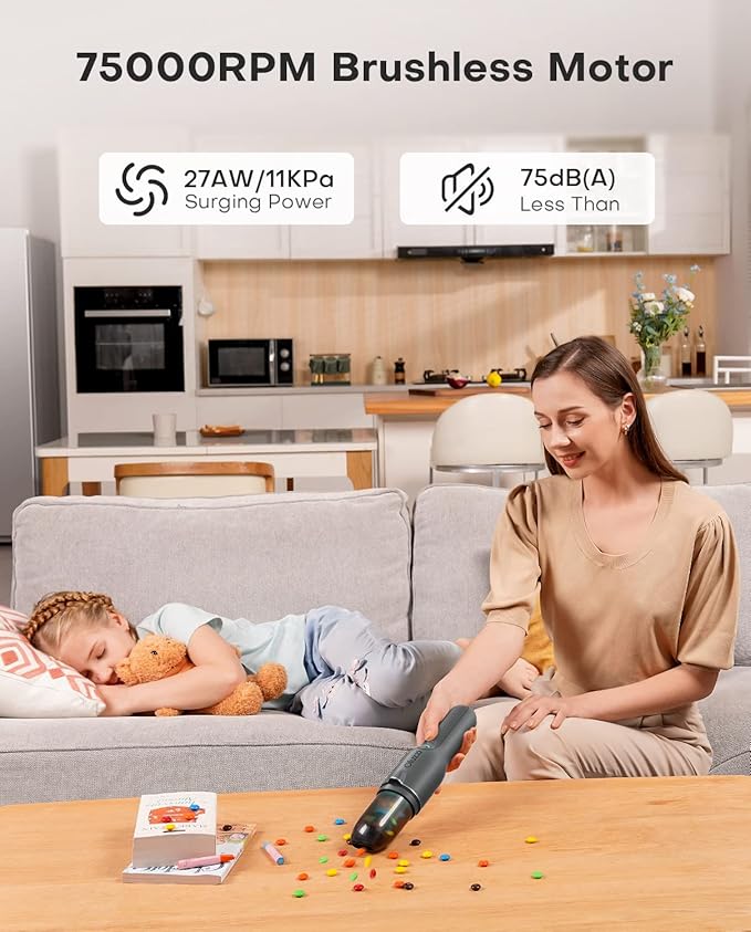 Ofuzzi Slim H7 Pro Cordless Handheld Vacuum with LED Light, Ultra-Lightweight 1.0LB, 11000Pa Powerful Suction, Two-Speed Modes, Type-C Fast Charging, Mini Vacuum for Home Cleaning (Gray)