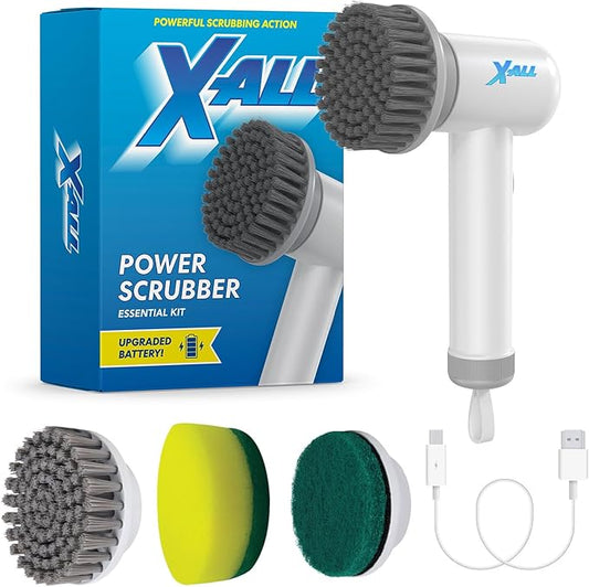 X-All Electric Spin Power Scrubber - Rechargeable Lightweight Waterproof Cordless 2-Speed Control Cleaning Tool with 2 Spin Brush Heads - White