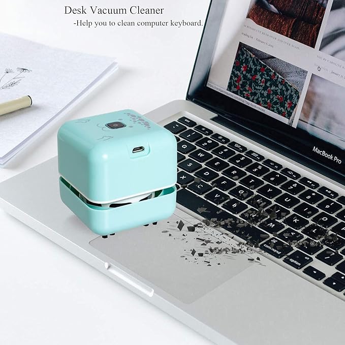 White Elephant Gifts, Mini Desk Vacuum Cleaner, Rechargeable Desktop Vacuum Sweeper with USB Brush as Present to Suck up Fine Particle Bread Crumbs Dust Ash Pet Fur Eraser Waste(Blue)