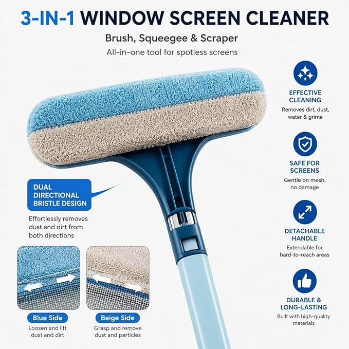 3 in 1 Window Screen Cleaner, Mesh Window Screen Cleaning Brush with Squeegee, Multi-Purpose Tool for Patio, Door and Porch Screens (Blue)