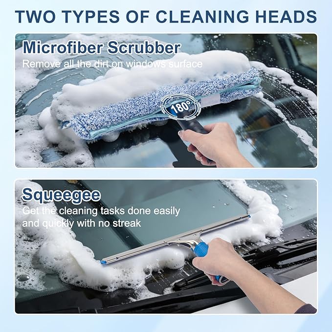 Professional Window Cleaning Kit, 14" Rubber Squeegee with 15" Microfiber Scrubber, Window Cleaning Tool for Home, Window Washing Equipment Commercial & Household Use
