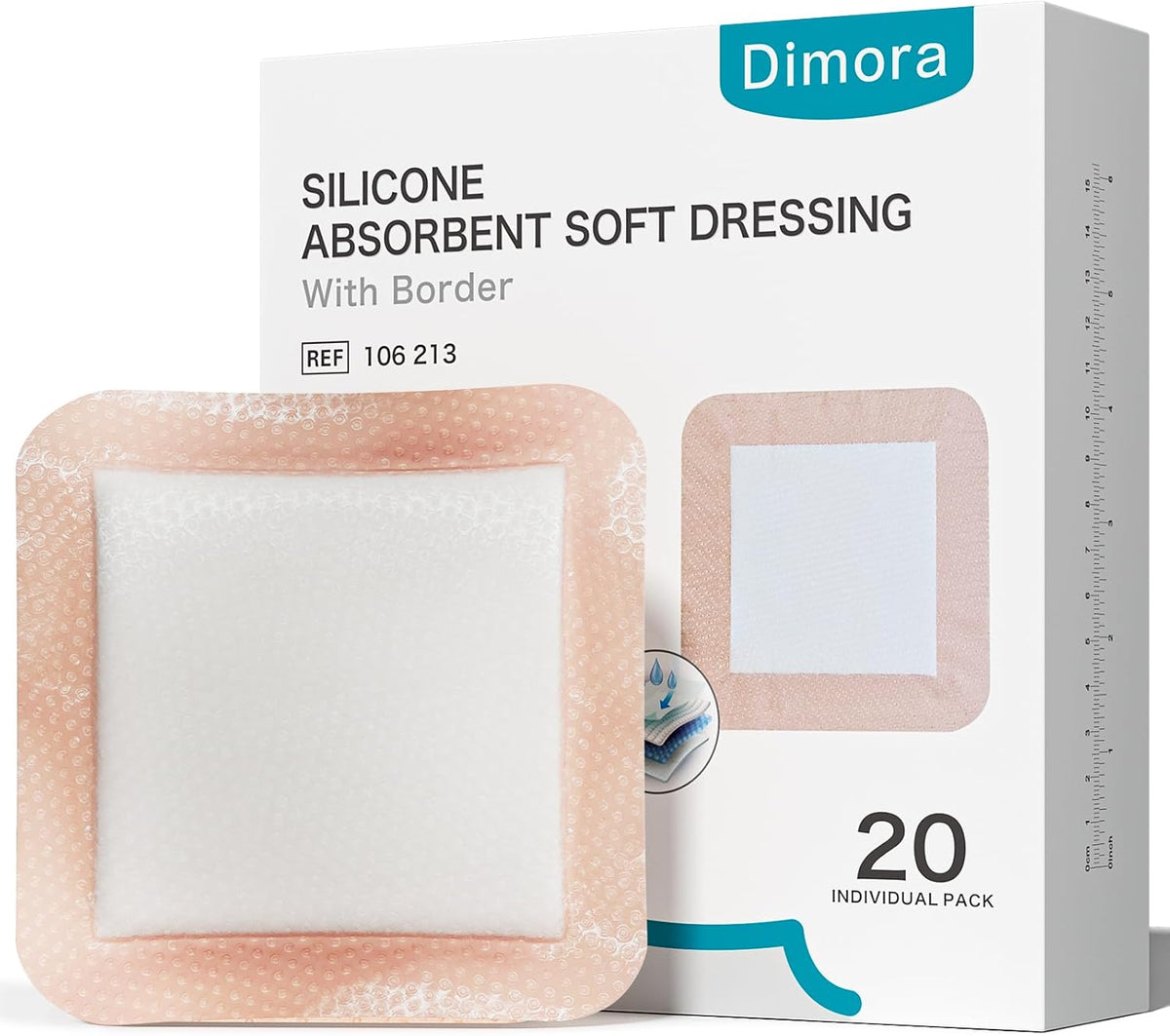 20 Count Silicone Super Absorbent Wound Dressing 6" x 6" - Large Adhesive Bandage for Heavy Exudate, Border Wound Care Pads for Pressure Sore and Post-Surgical Incisions
