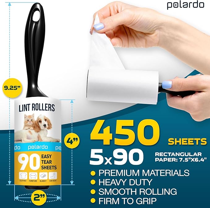 Lint Rollers for Pet Hair, White, Sticky Remover for Couch, Clothes, Furniture and Carpet, Dog and Cat Fur Remover, Animal Fuzz, 5 Large Sticky Rollers