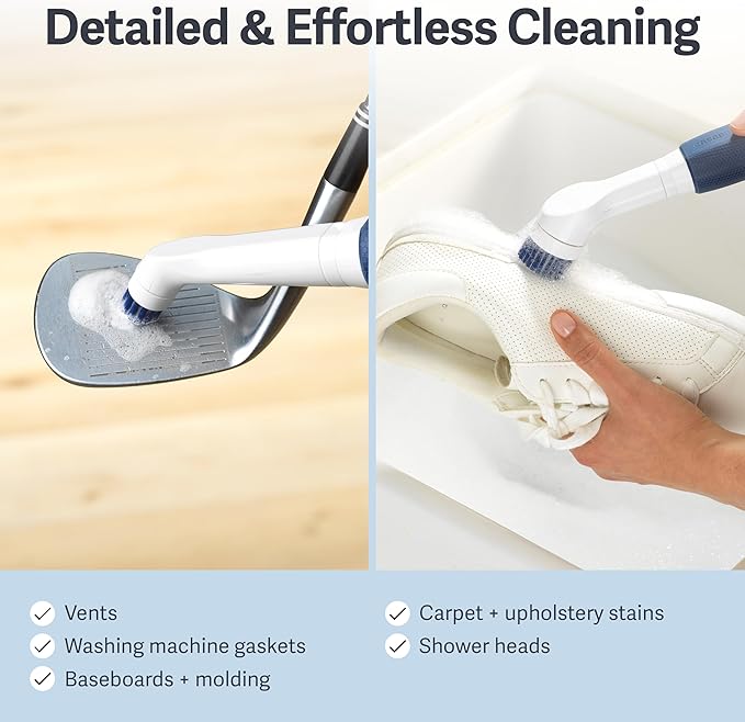Casabella Handheld Spin Detail Scrubber, AA Battery Powered, 3 Brush Heads, White