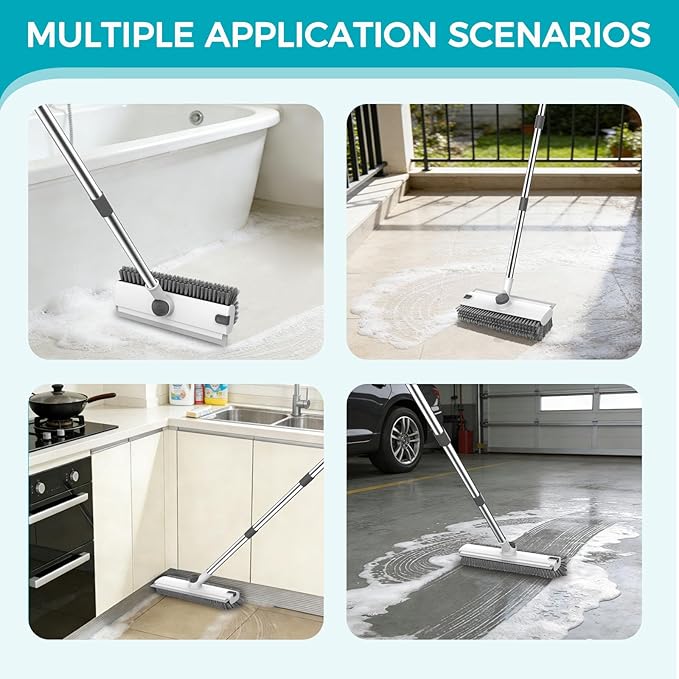 SetSail Floor Scrub Brush, 3 in 1 Floor Scrub Brush with 54-in Adjustable Long Handle and Scraper Heavy Duty Stiff Bristle Floor Scrubber for Cleaning Shower Bathroom Kitchen Patio Garage, Grey&White