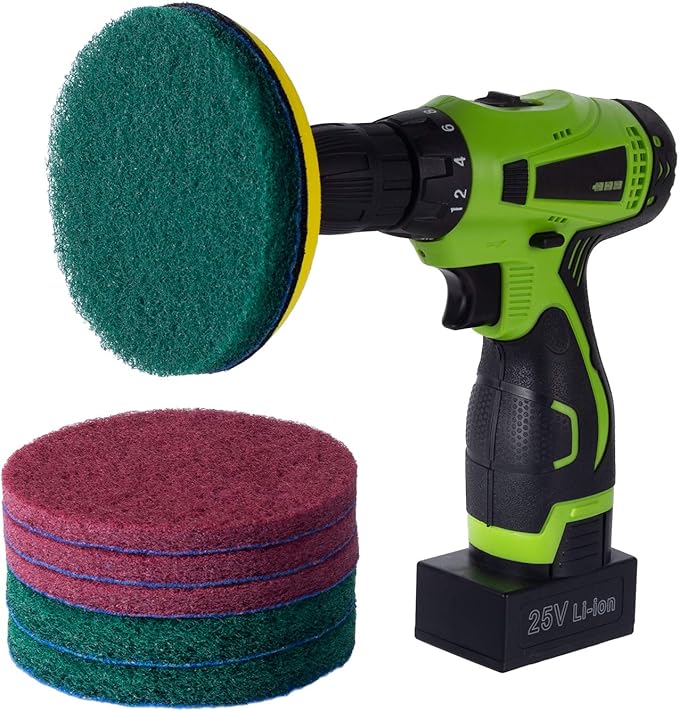 Kichwit 5 Inch Drill Powered Brush Tile Scrubber Scouring Pads, 2 Different Stiffness, 5-Inch Pad Holder with 6 Scrubbing Pads, Cleans Large Flat Areas Perfectly (Drill NOT Included)