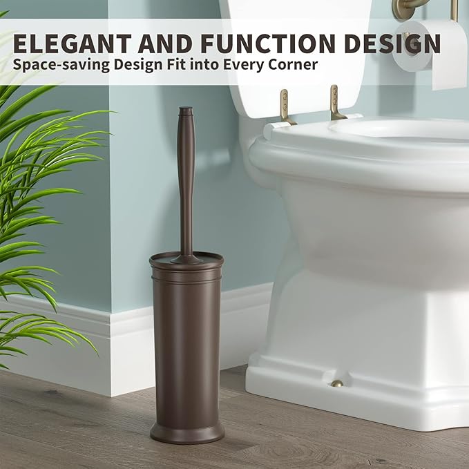 Toilet Brush, Toilet Bowl Brush with Extra Long Handle Durable Bristles Toilet Scrubber and Covered Holder for Toilet Brush Set for Bathroom Cleaning (Brown, 1 Set)