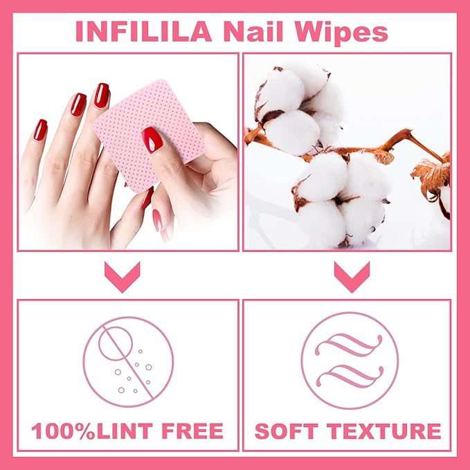 NXJ INFILILA Lint Free Nail Wipes, 540PCS Non-Woven Fabric Dry Nail Prep Wipes, Absorbent Acetone Nail Polish Remover Lash Extensions Glue Nail Cleaning Pads for Salon Supplies(Pink)